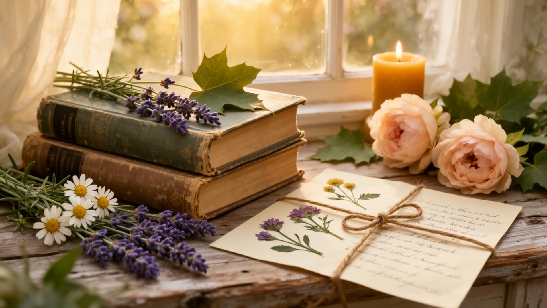 Vintage books, pressed wildflowers, and a handwritten letter on a sunlit windowsill